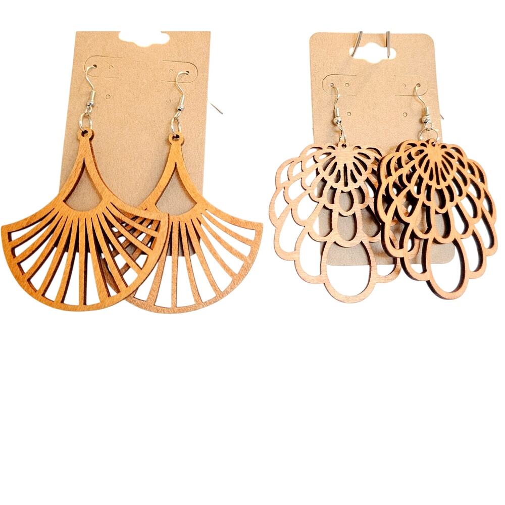 Wood Laser Cut Dangle Earrings Lot 2 Pairs Geometric Fan and Shell Boho Large